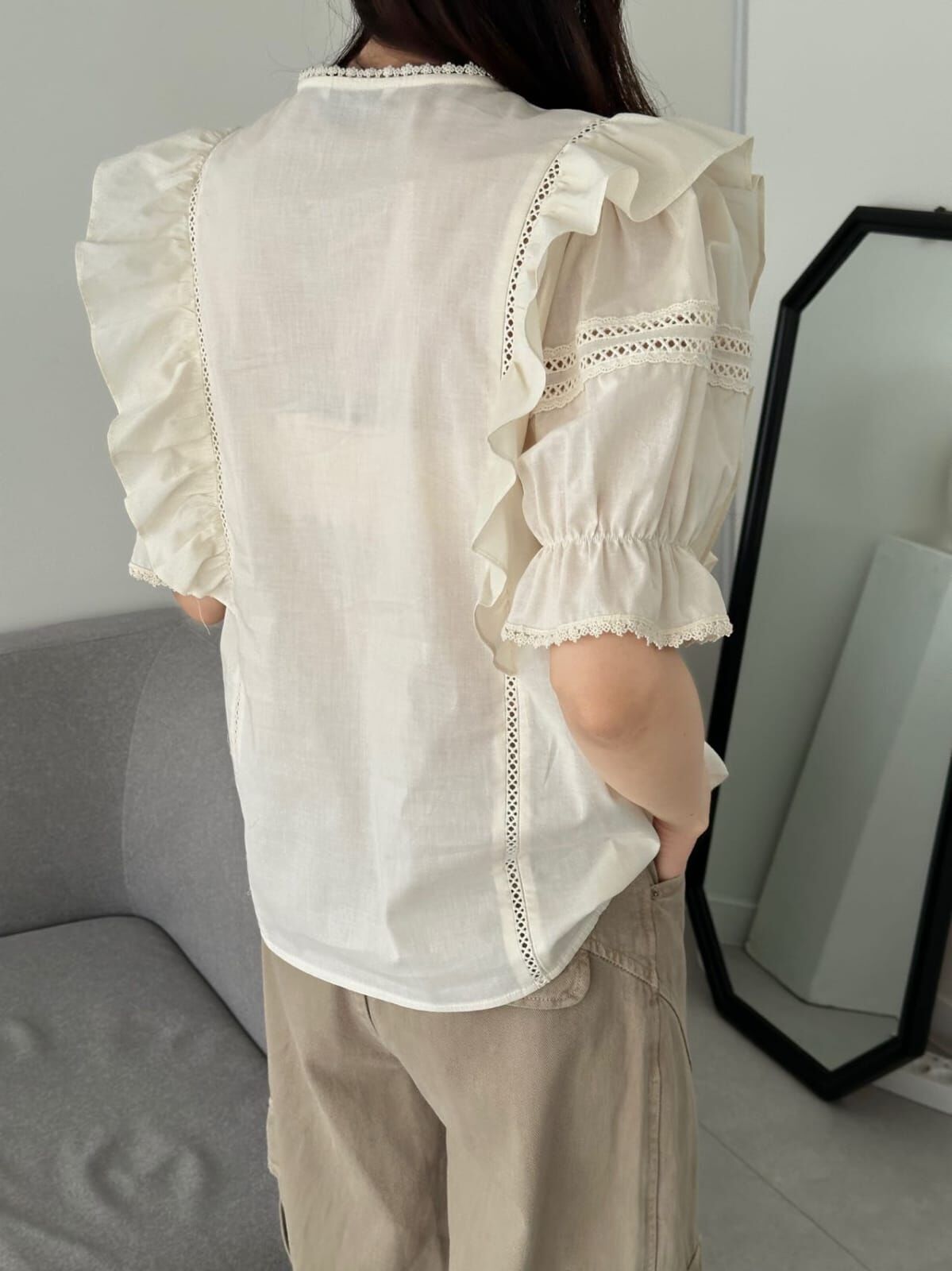 OG6057 春日玫瑰蕾絲荷葉邊上衣