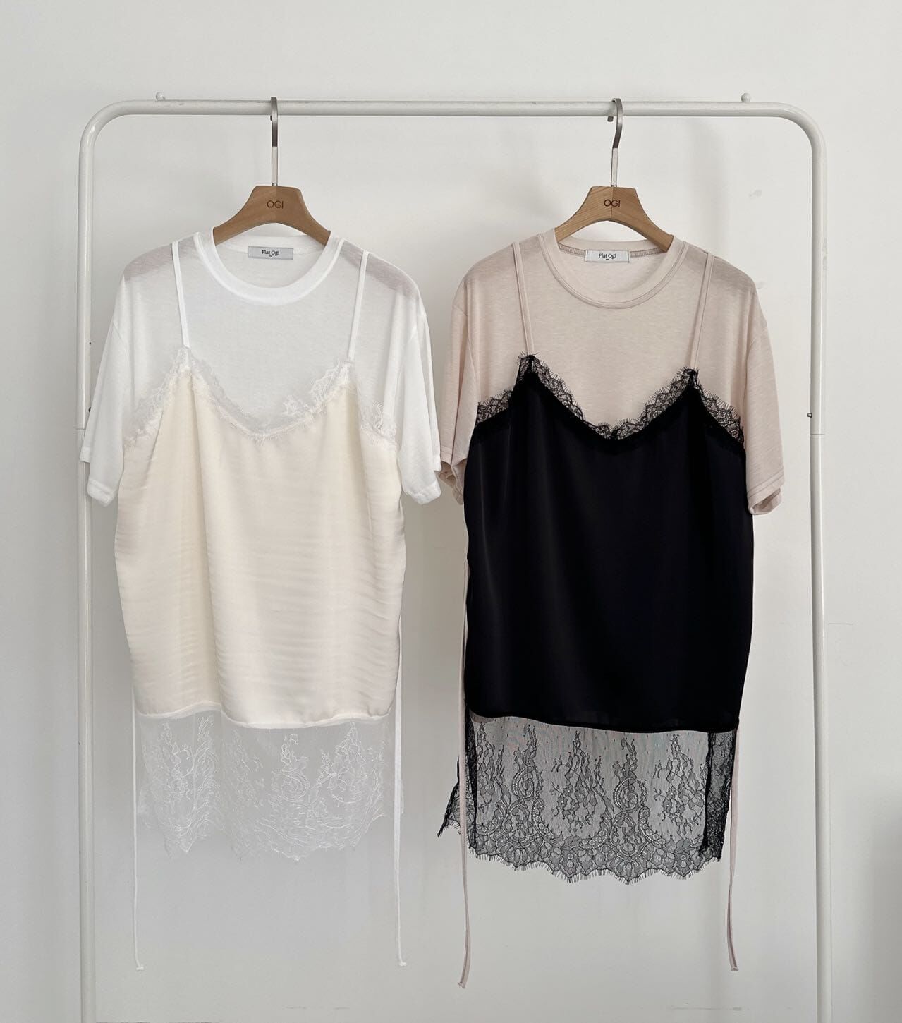 OG6058 假兩件吊帶蕾絲下擺軟綿Tee