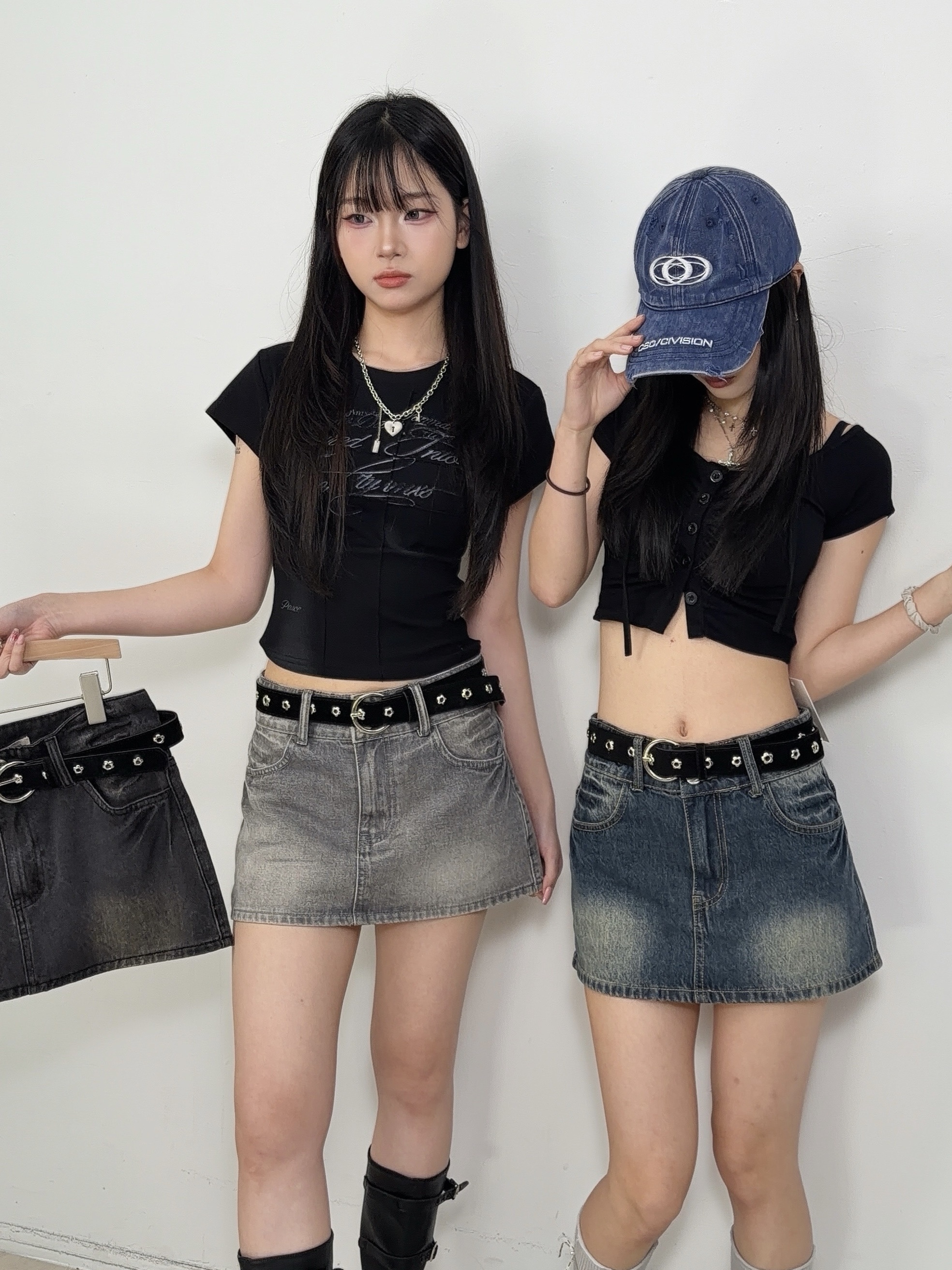 B56美式復古刷色牛仔A字裙(附皮帶)