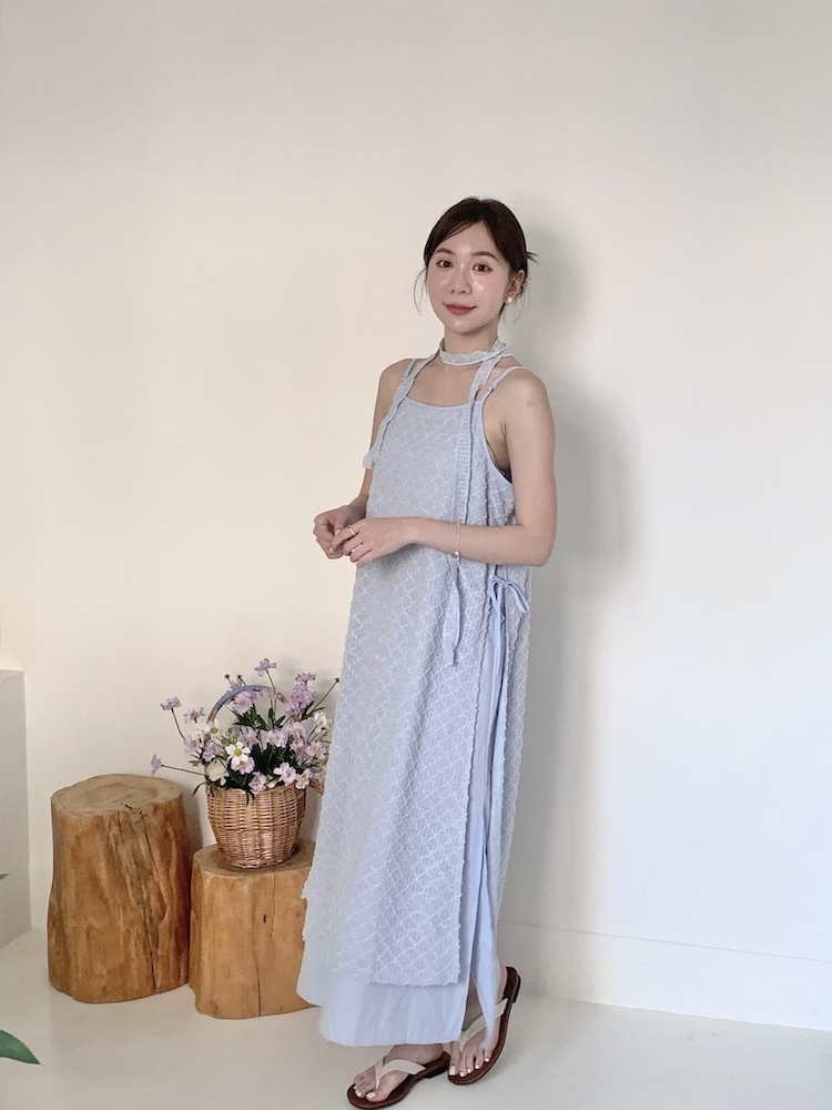 假兩件附綁帶菱格長洋