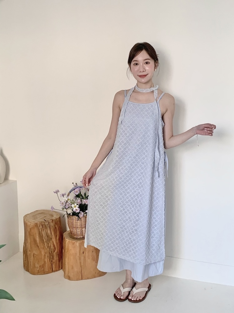 假兩件附綁帶菱格長洋