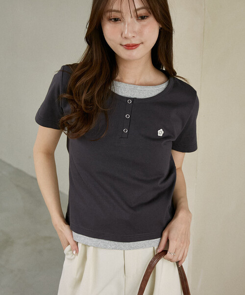MARY QUANT × PUBLUX / Layered-Style Compact Henley Neck T-Shirt