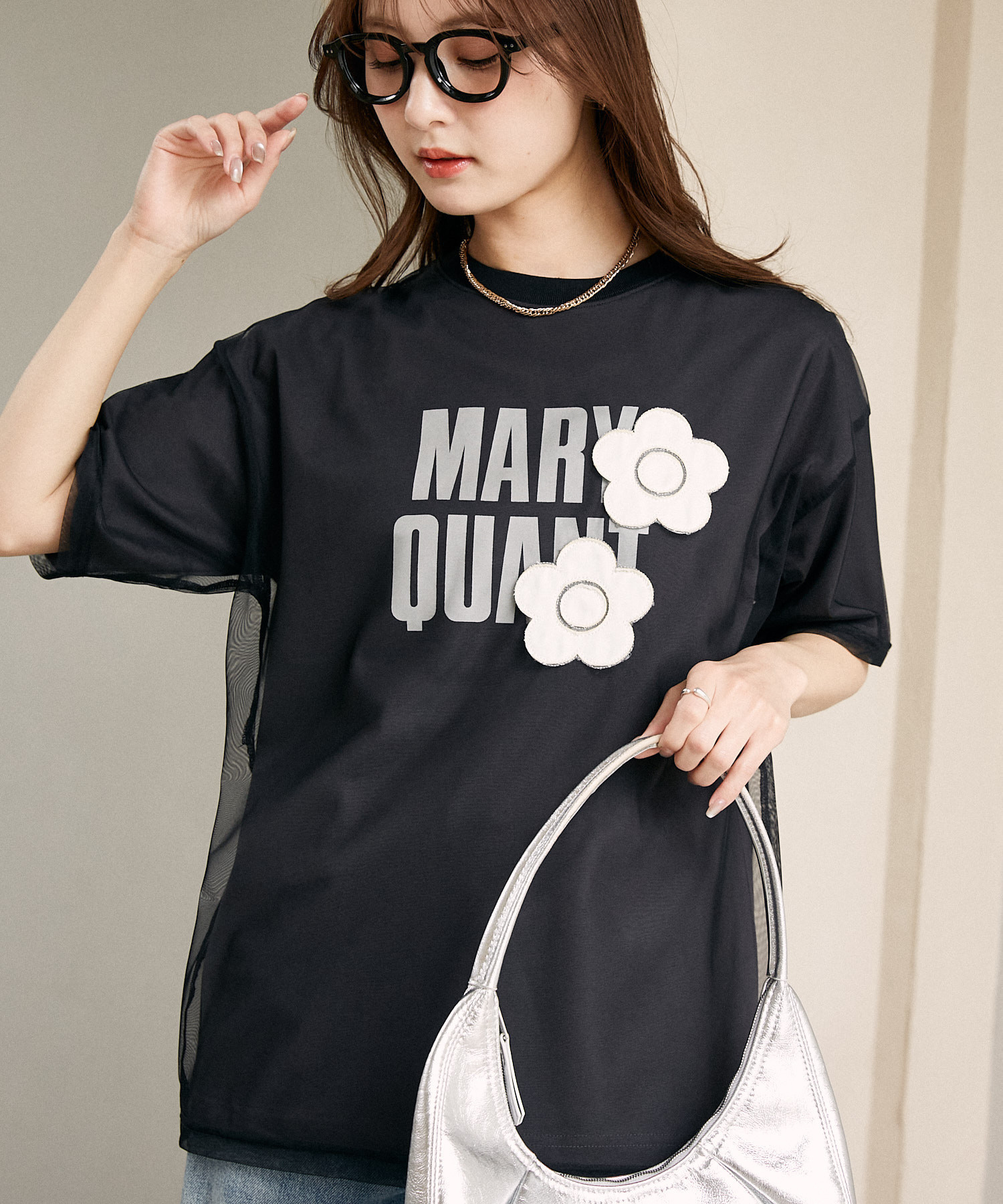 MARY QUANT × PUBLUX / Tulle Layered Logo Flower T-Shirt