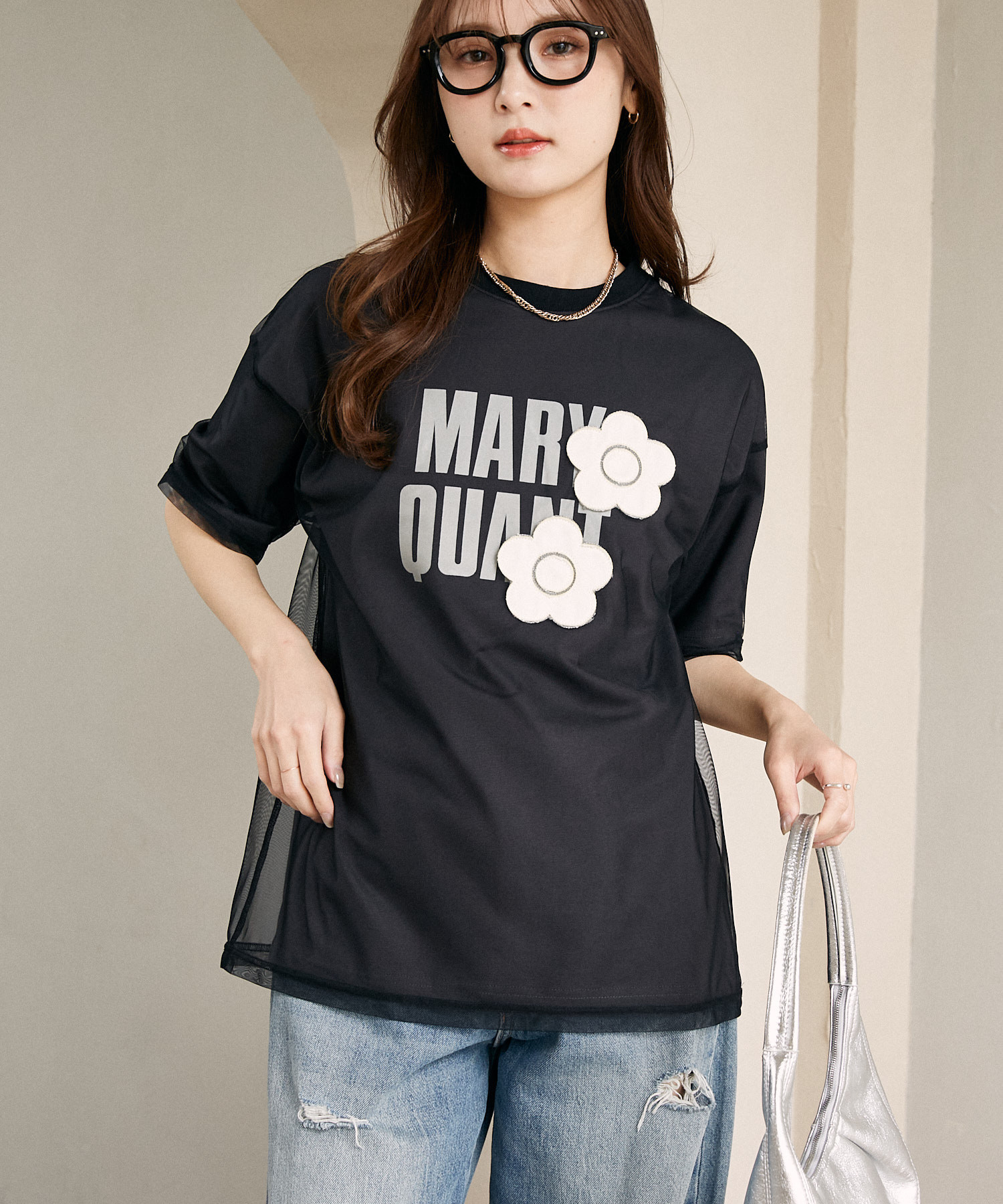 MARY QUANT × PUBLUX / Tulle Layered Logo Flower T-Shirt