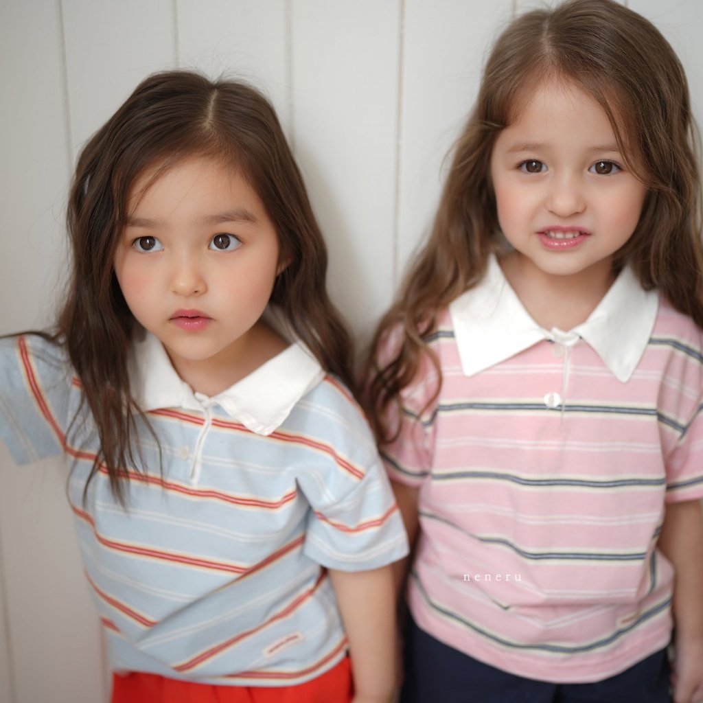 正韓夏neneru 兩色條紋有領上衣