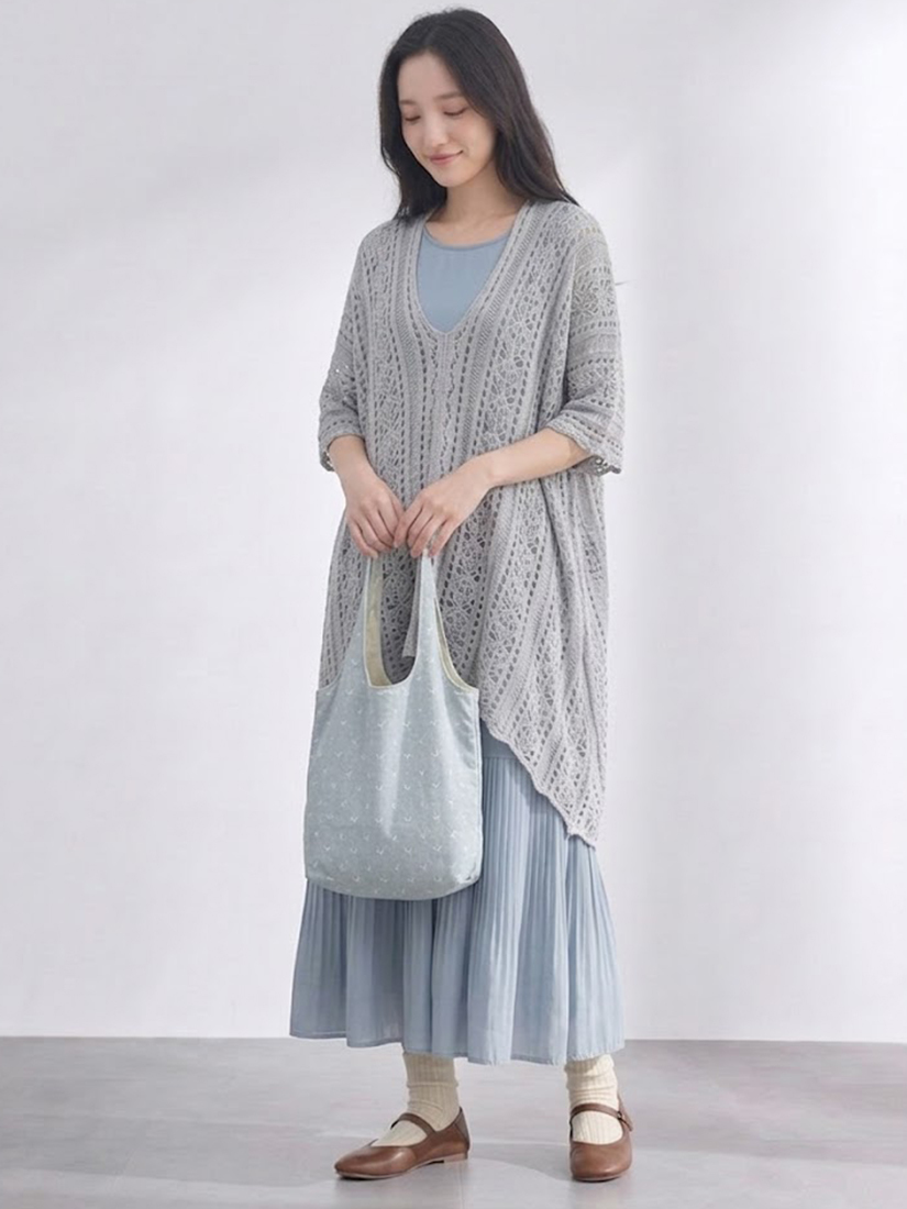 簍空針織罩衫圓領剪接壓褶短袖長洋裝組合