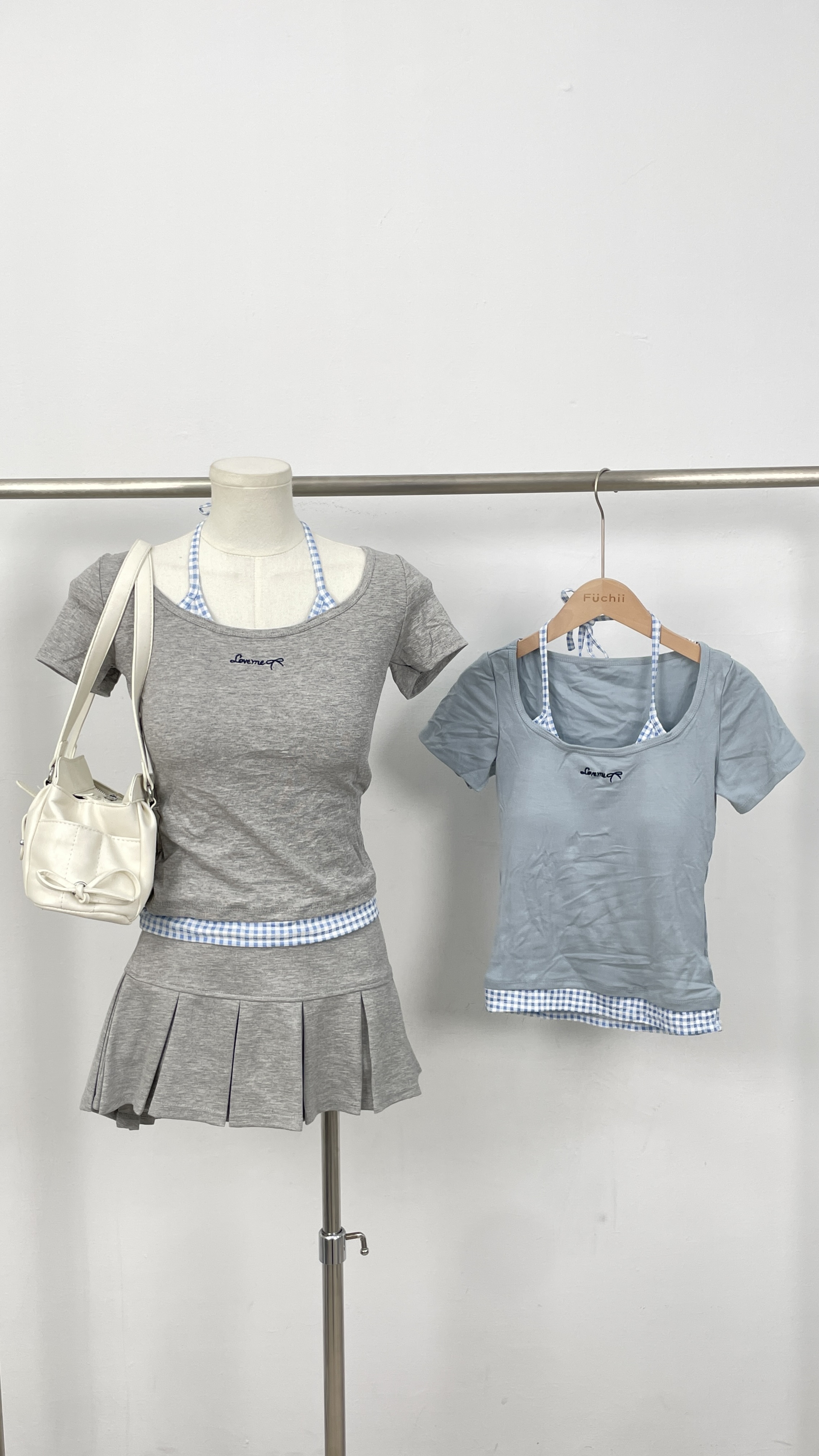 B88韓系格紋假兩件胸墊上衣