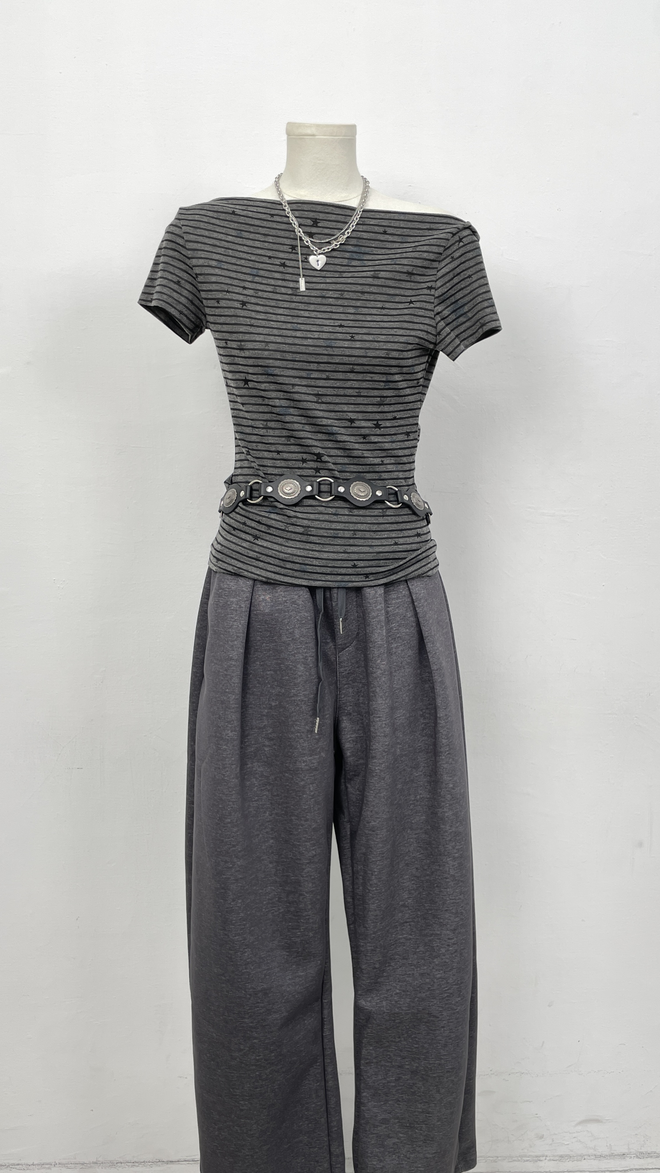 NEW星星設計條紋斜肩上衣