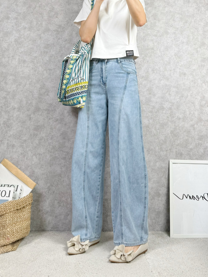 韓系淺色3D裁線彎刀褲