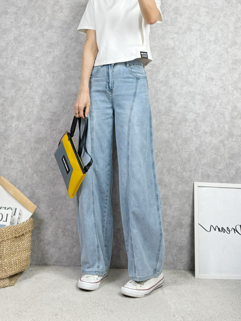 韓系淺色3D裁線彎刀褲