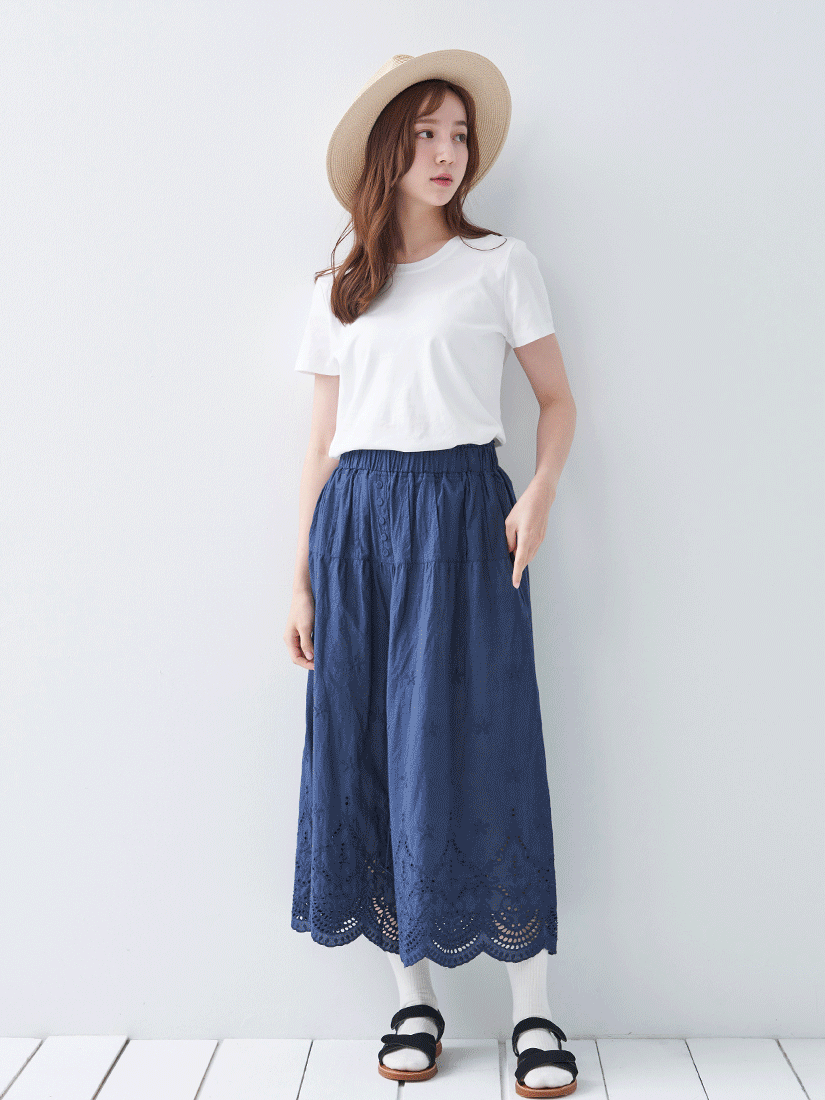 日系涼感繡花純棉柔軟寬褲