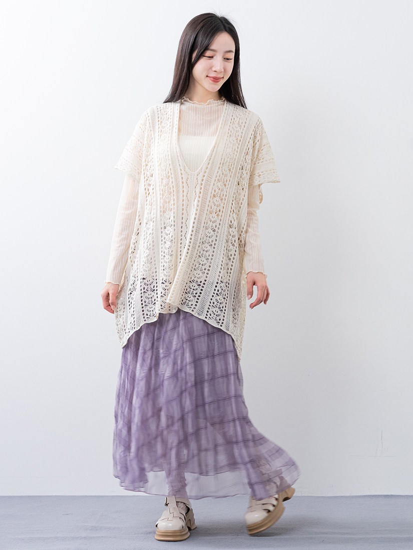 簍空提花針織罩衫透膚內搭上衣壓皺格紋雙層長裙組合