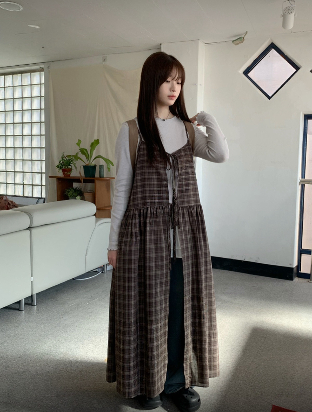 森林系格紋連身綁帶外搭🪵