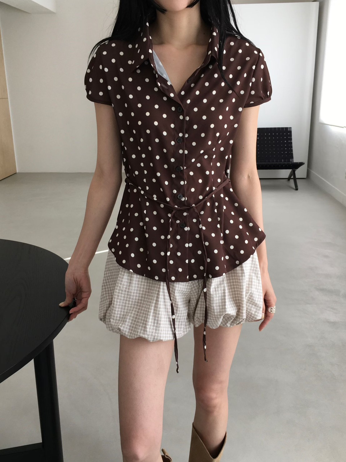 點點綁帶紗質襯衫