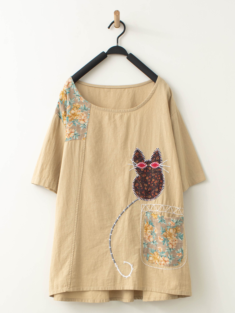 拼布小貓口袋棉麻感上衣棉麻五分短褲組合