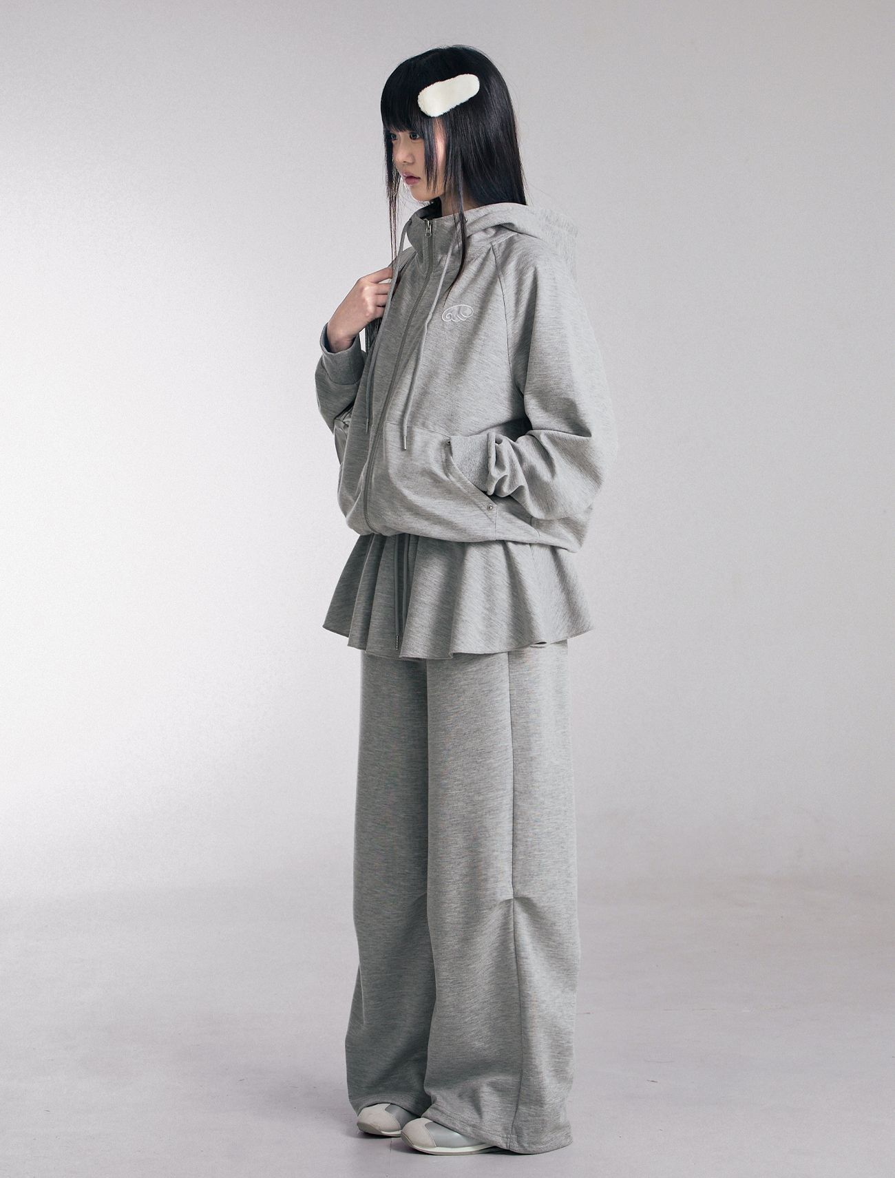 LOOXP 傘擺鬆緊腰層次裙褲 灰色 9809-1