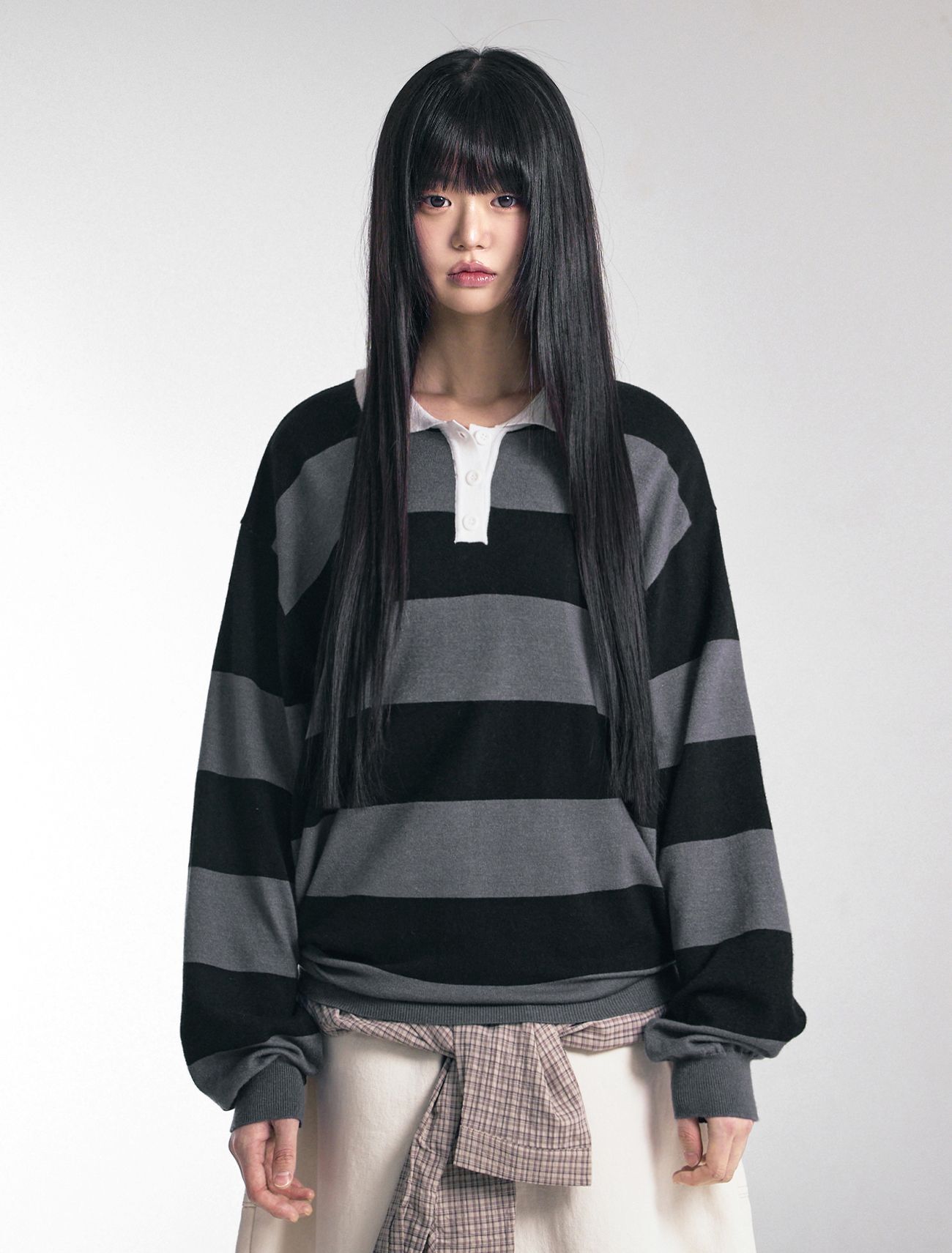 LOOXP 條紋翻領鈕扣針織上衣 5771-4