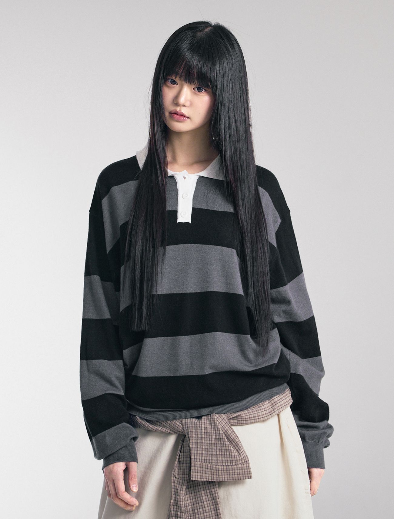 LOOXP 條紋翻領鈕扣針織上衣 5771-4