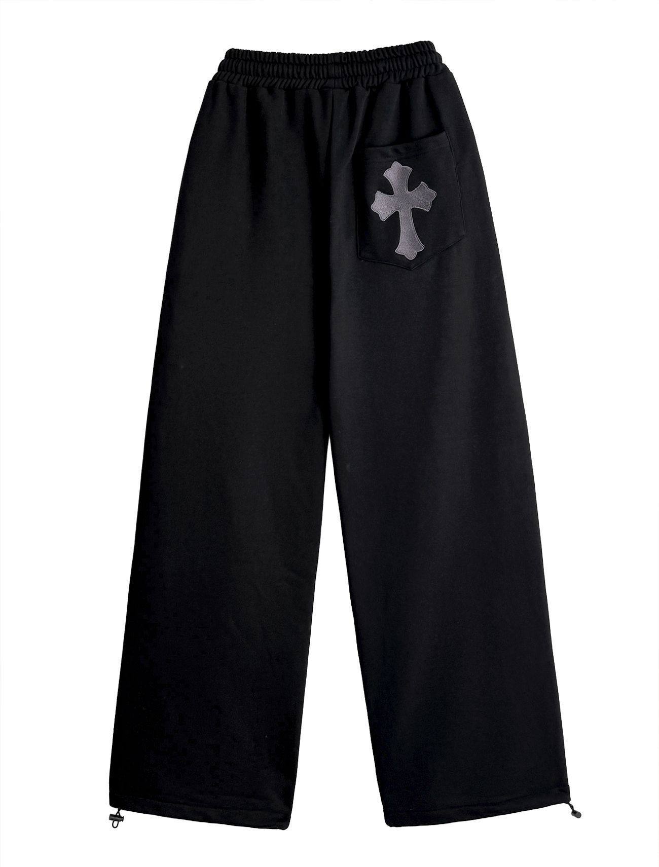 LOOXP 十字刺繡鬆緊腰打褶寬版長褲 黑色 9832-4