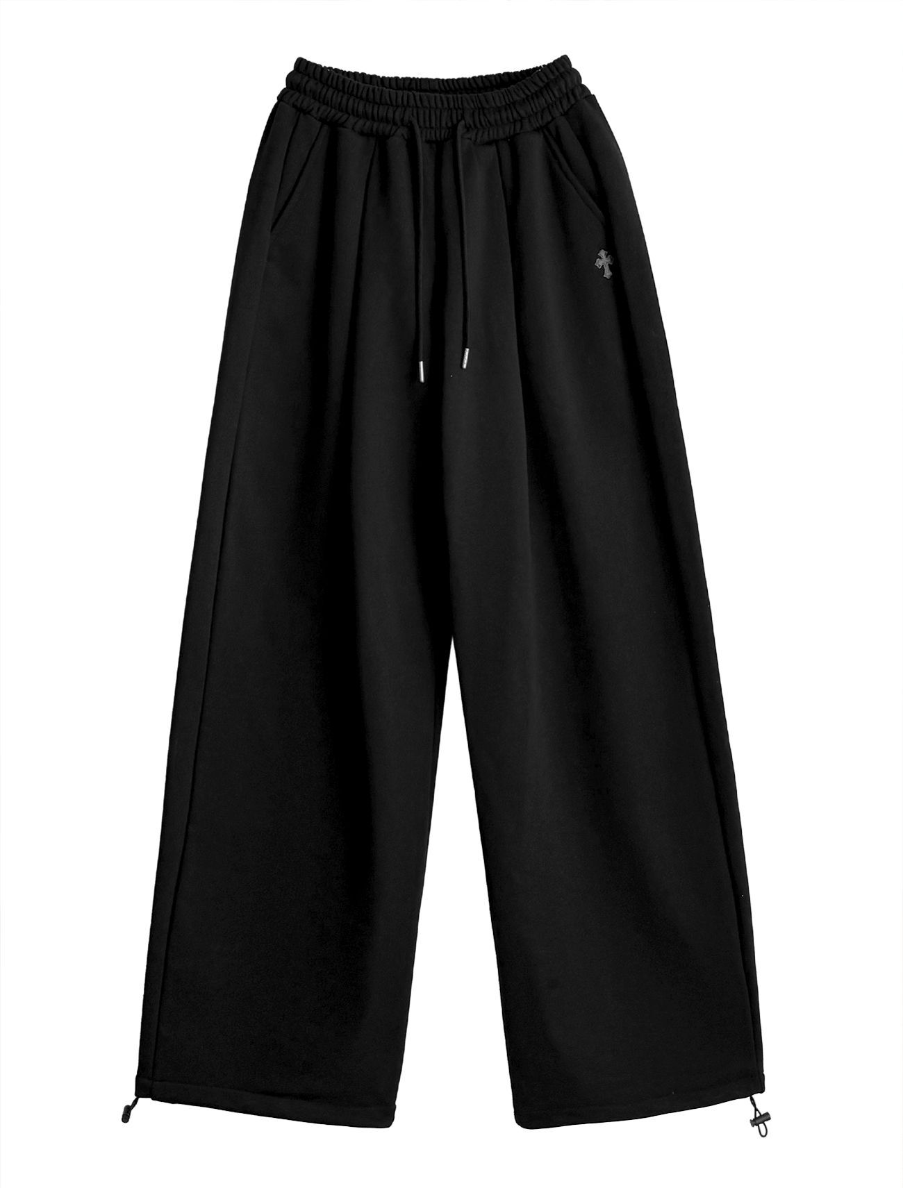 LOOXP 十字刺繡鬆緊腰打褶寬版長褲 黑色 9832-4