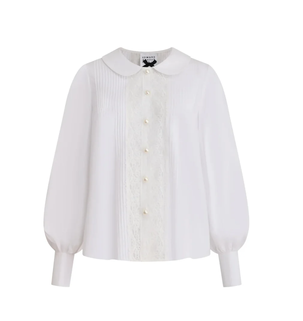 1EA0408-135 [EDWARD ACHOUR] Lace Panel Peter Pan Collar White Blouse White #100619/1046 (EU)