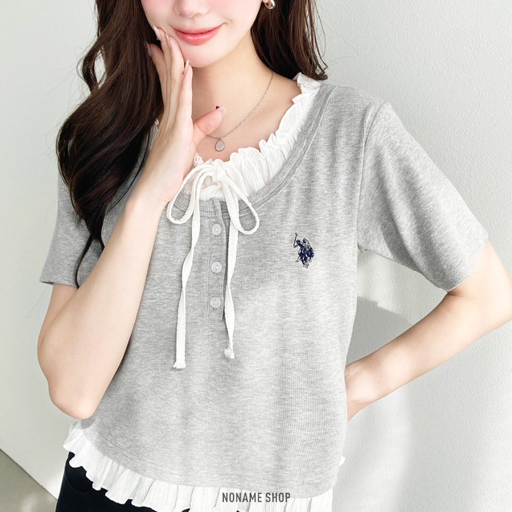 U.S. POLO ASSN. 日系 假兩件 荷葉邊 蝴蝶結 短袖 四色 (女款)
