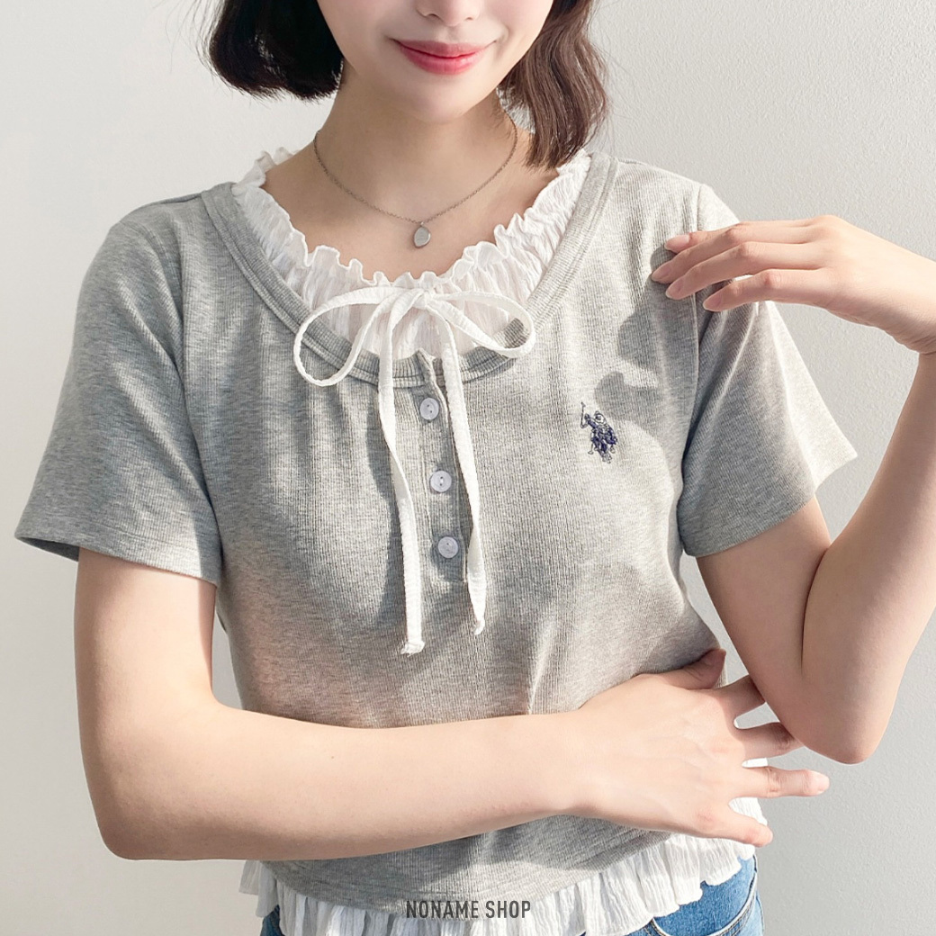 U.S. POLO ASSN. 日系 假兩件 荷葉邊 蝴蝶結 短袖 四色 (女款)