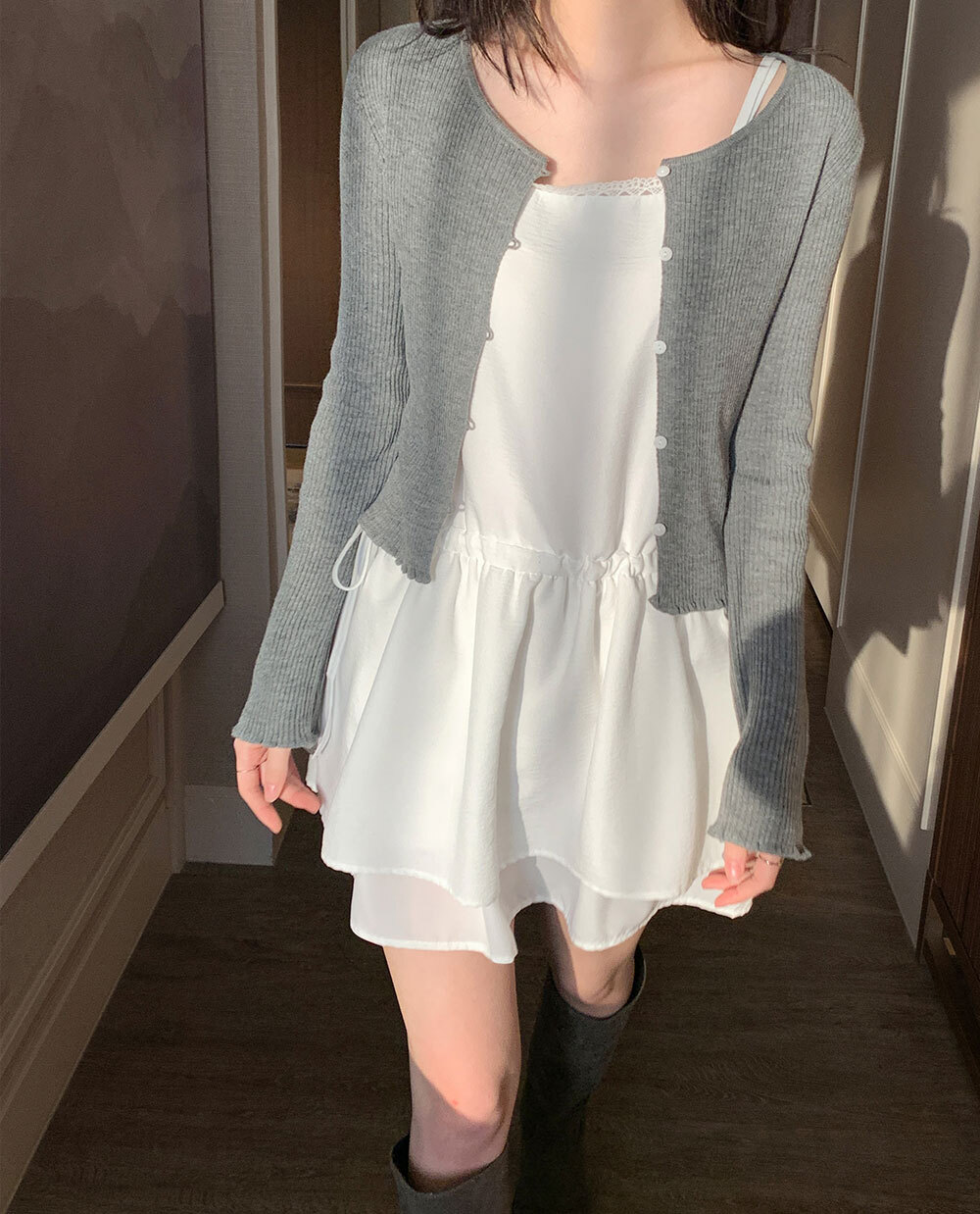 韓國Cherrykoko授權 春雅蕾絲光澤絲柔收腰蛋糕連身裙