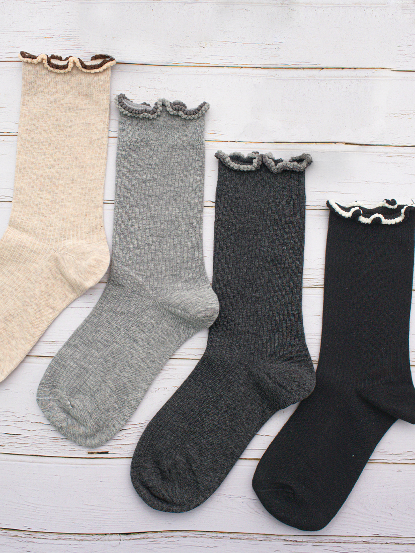 羅紋捲捲邊中筒襪