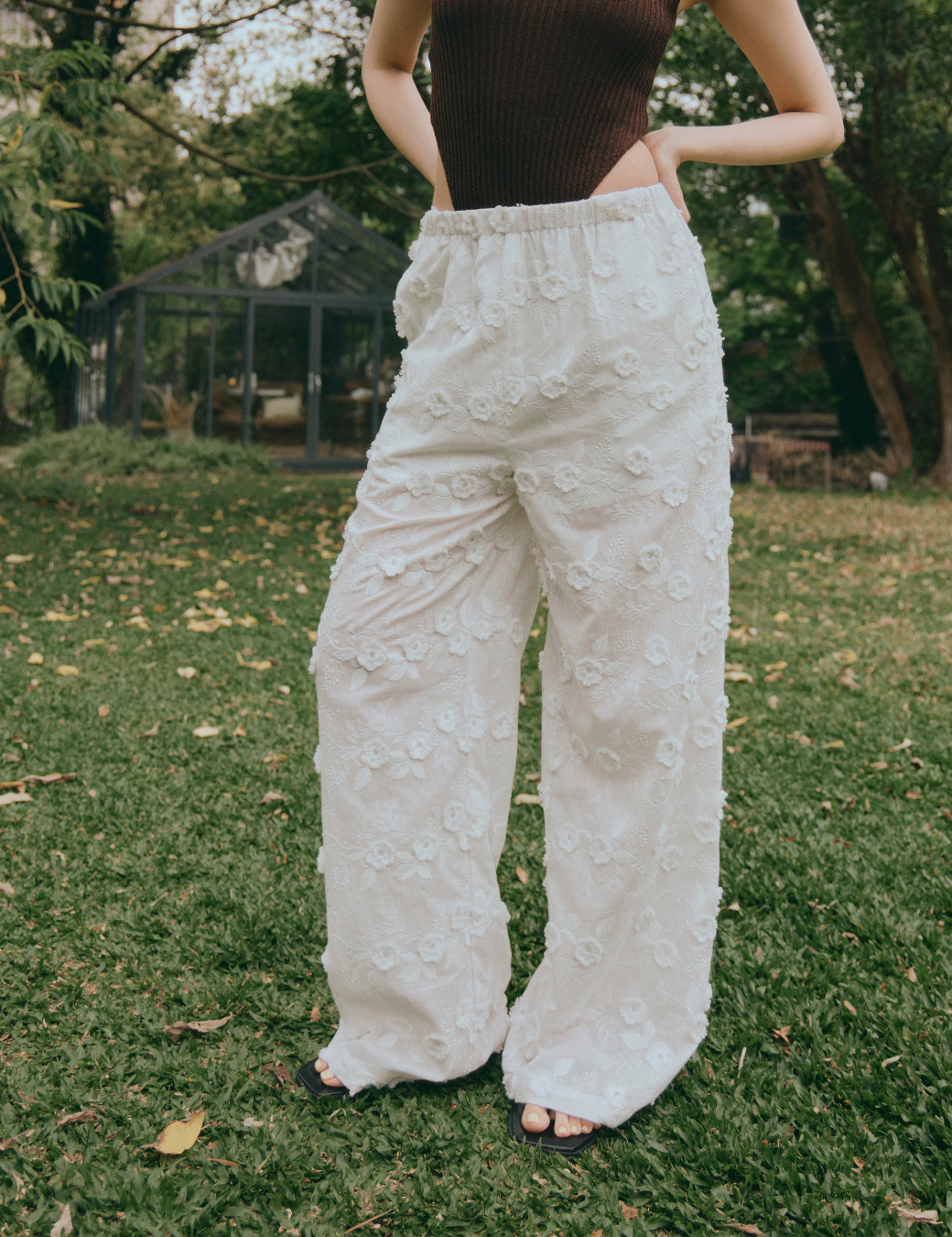 立體提花蕾絲鑲邊寬褲（4尺寸）