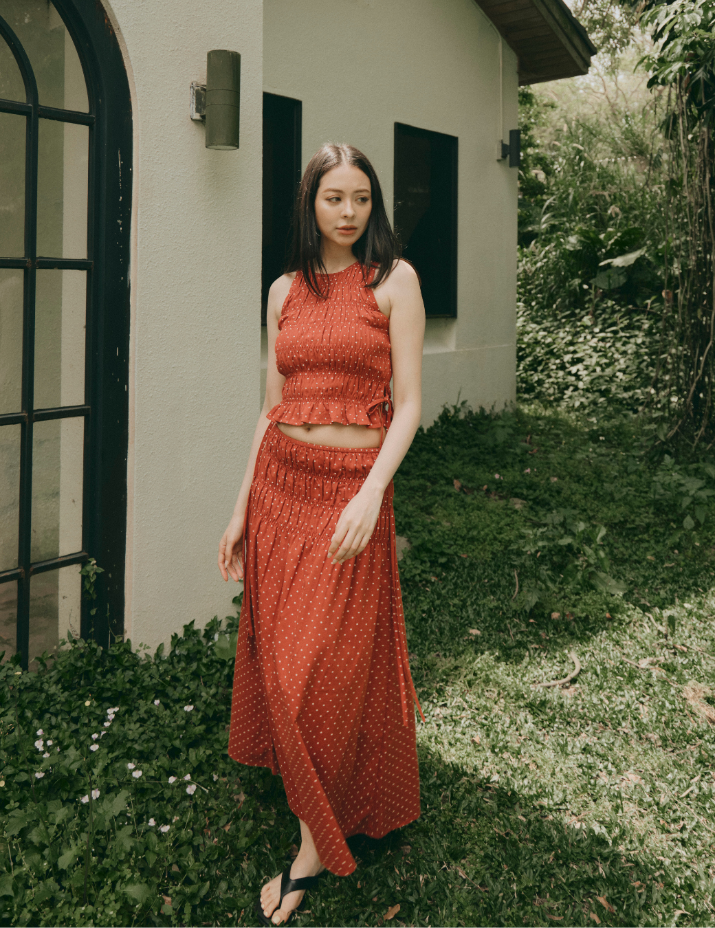 波點抓皺側綁帶傘裙（橘紅色／2尺寸）