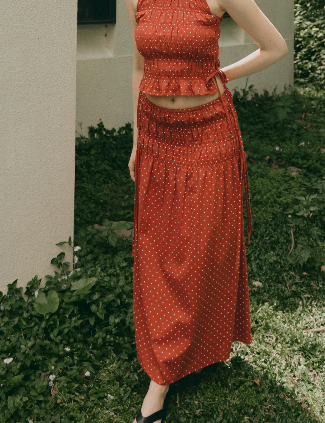 波點抓皺側綁帶傘裙（橘紅色／2尺寸）