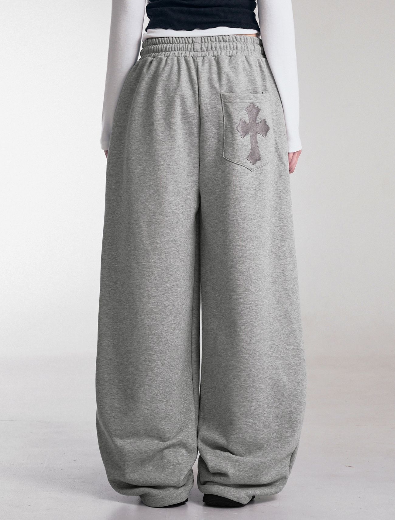 LOOXP 交叉刺繡鬆緊腰打褶寬版長褲 9832-2