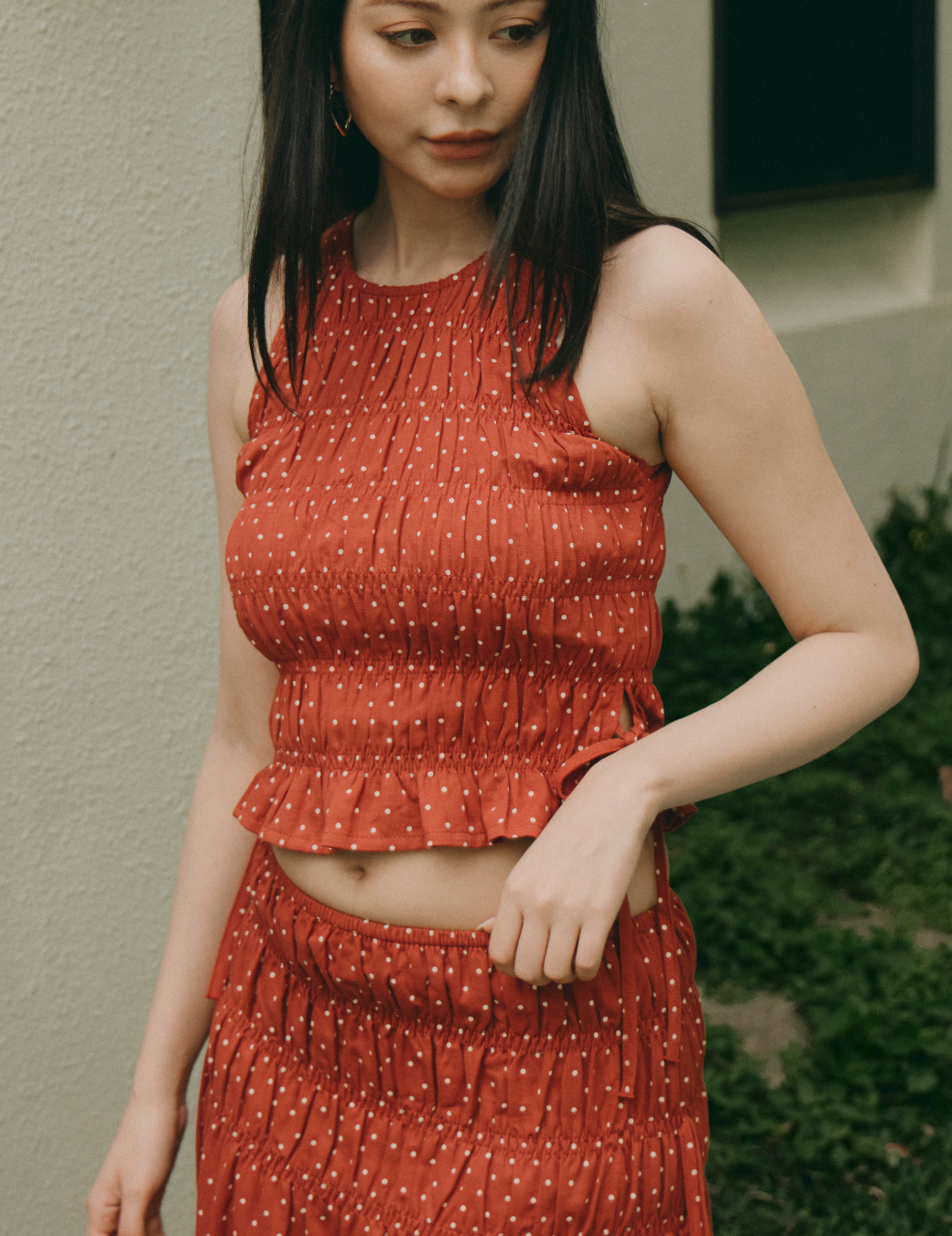 波點抓皺側綁帶背心（橘紅色／2尺寸）