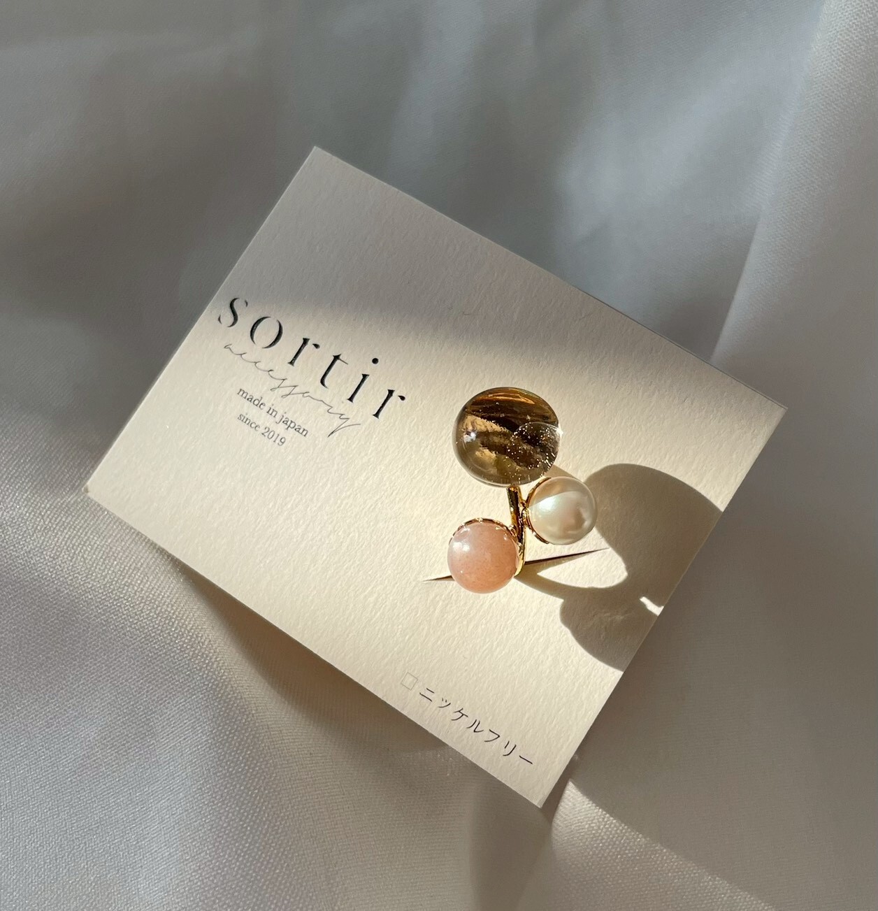 [sortir] 礦石×玻璃耳骨夾｜橘月光石×日本產珍珠｜粉｜NO.239