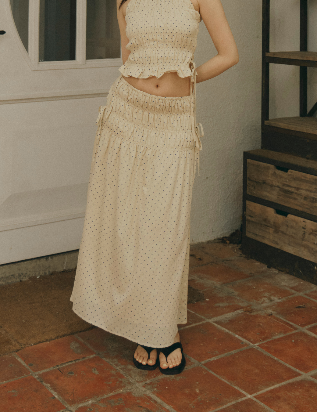 波點抓皺側綁帶傘裙（米黃色／2尺寸）