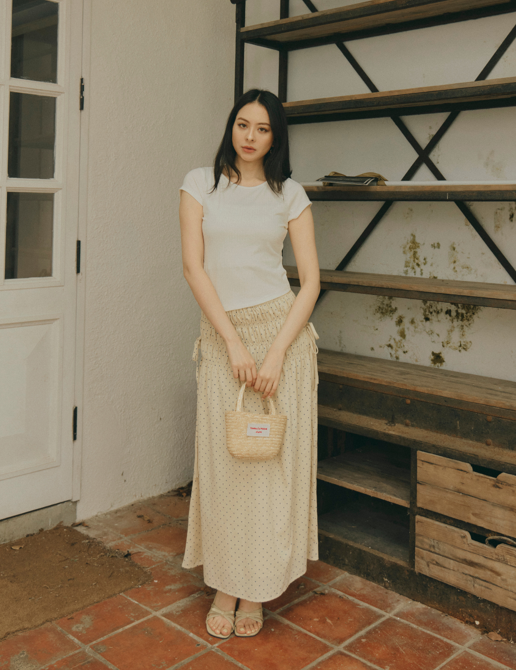 波點抓皺側綁帶傘裙（米黃色／2尺寸）