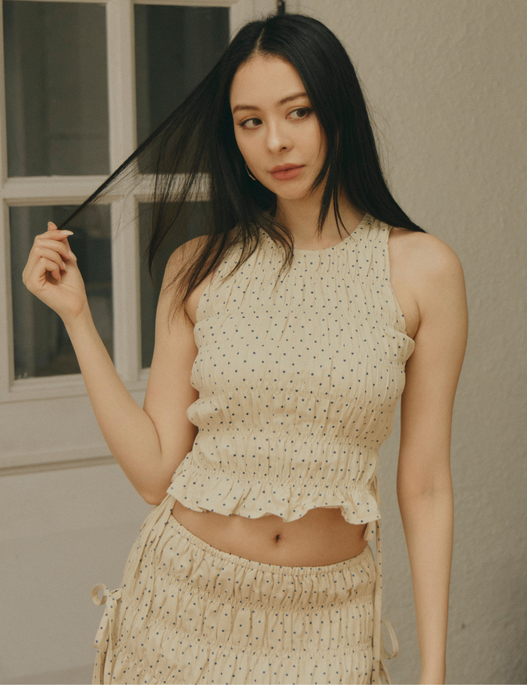 波點抓皺側綁帶背心（米黃色／2尺寸）