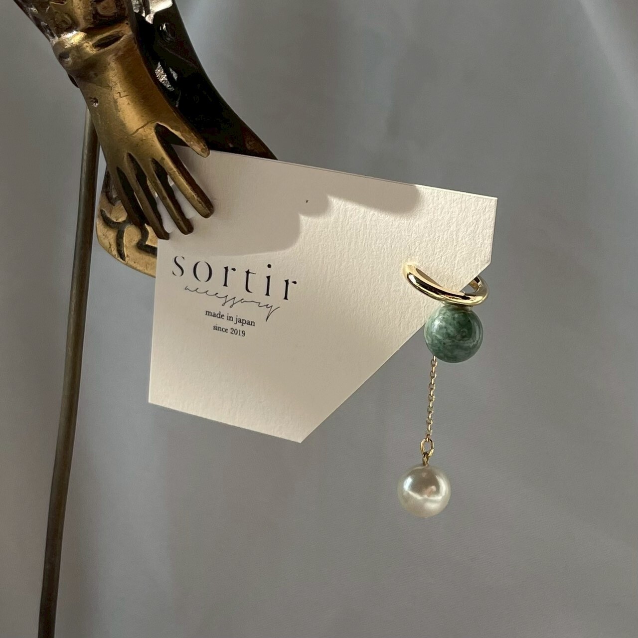 [sortir] 礦石x珍珠耳骨夾｜緬甸翡翠｜金｜NO.218