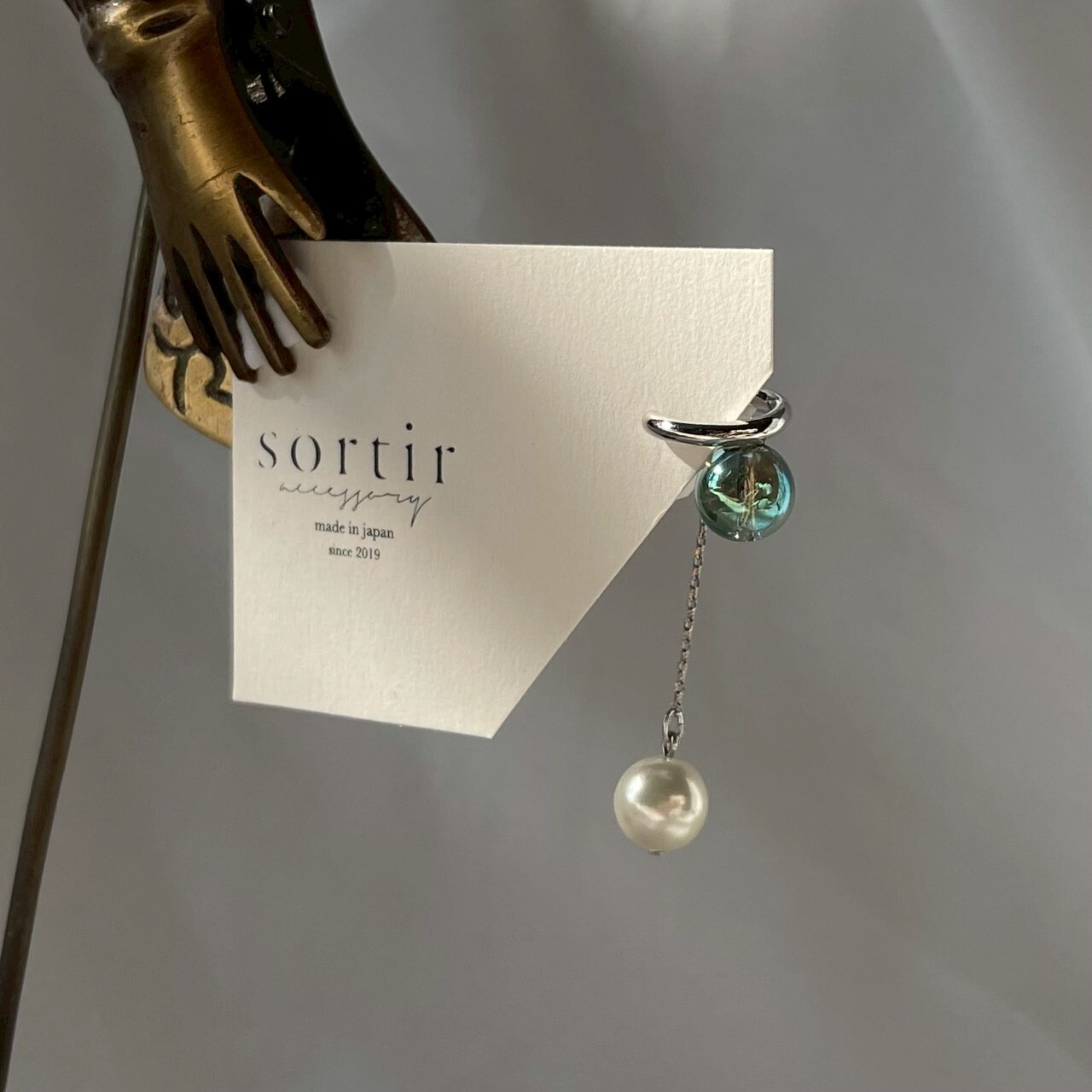 [sortir] 礦石x珍珠耳骨夾｜綠閃水晶｜銀｜NO.126