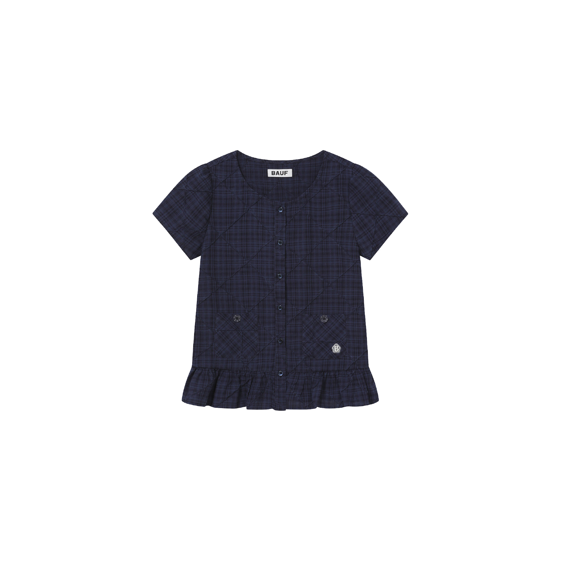 BAUF 雙口袋 格紋 抓皺 荷葉 裙襬 襯衫