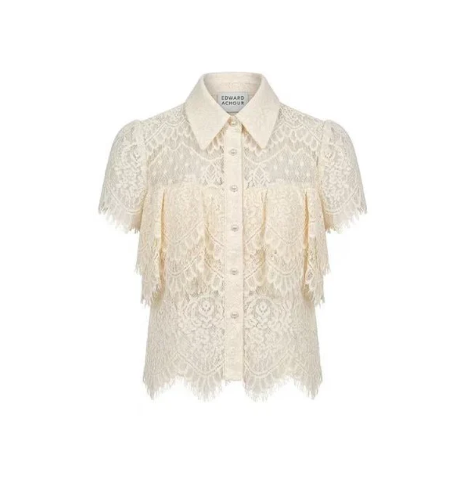 1EA0408-156 [EDWARD ACHOUR] Tiered Lace Short Sleeve Shirt Beige #100719/1058 (EU)