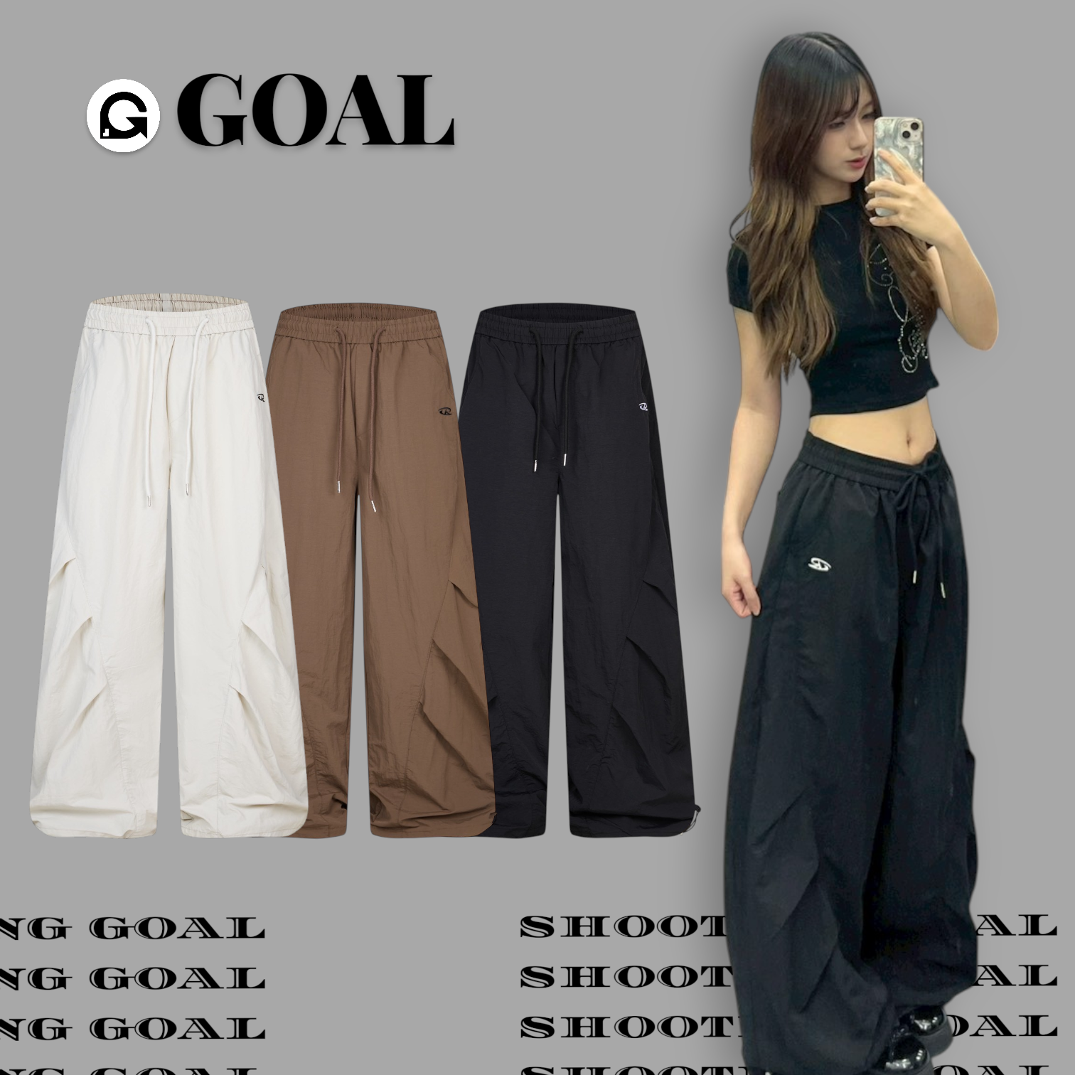 (GOAL) 皺褶 抽繩 闊腿 工裝褲 ERHU 62013