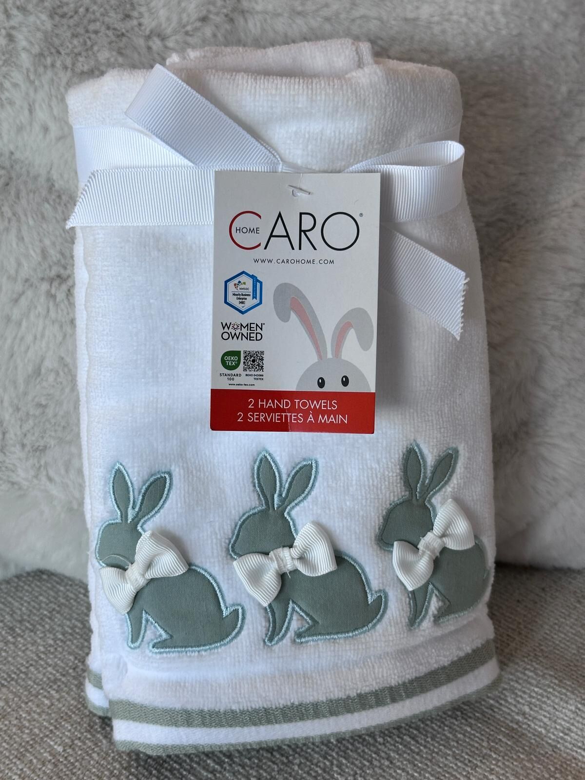 RZ105 綠色蝴蝶結兔仔 白色抹手毛巾 2塊