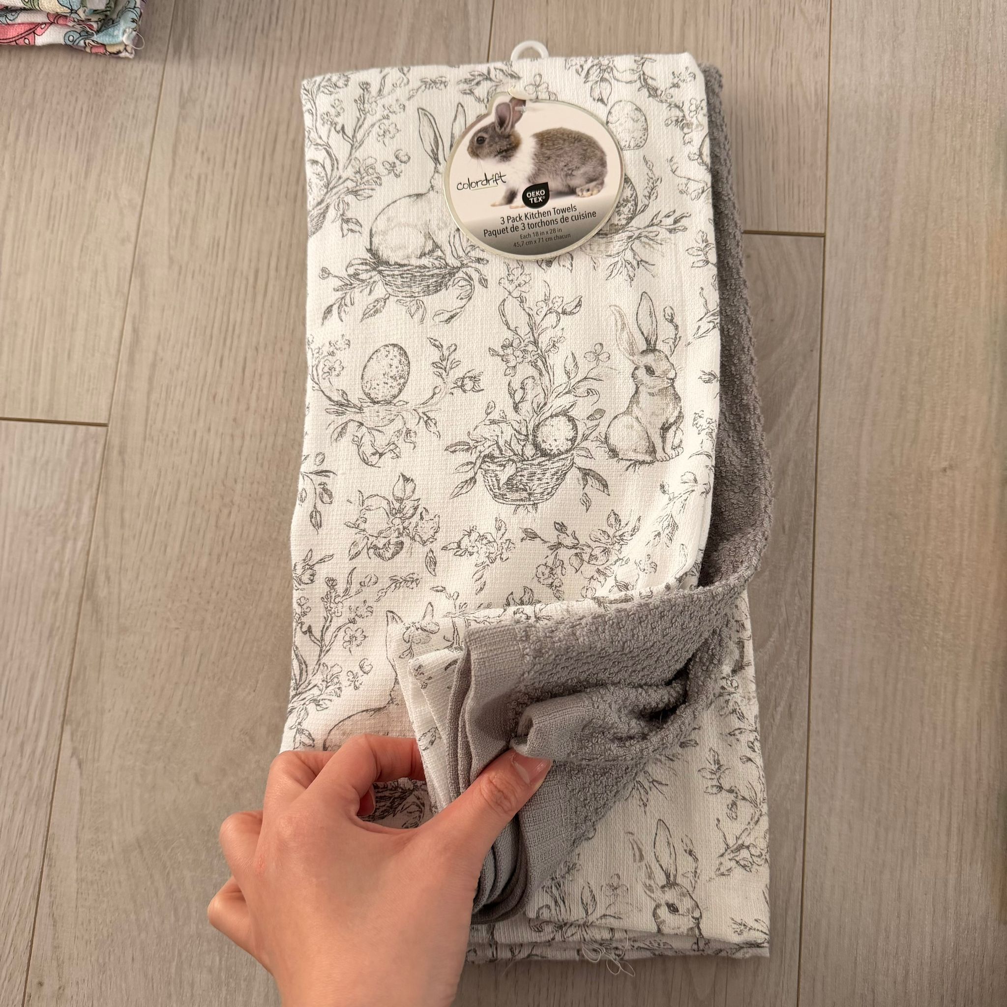 RZ117 灰白色兔仔插畫圖案廚房毛巾 3塊 (圖案x2塊, 灰色x1塊) 18"x28"