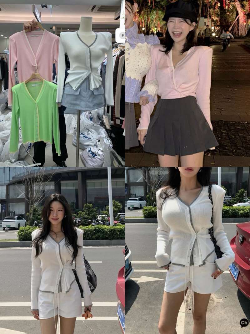 BM6019 鈕扣收腰排扣V領撞色邊上衣