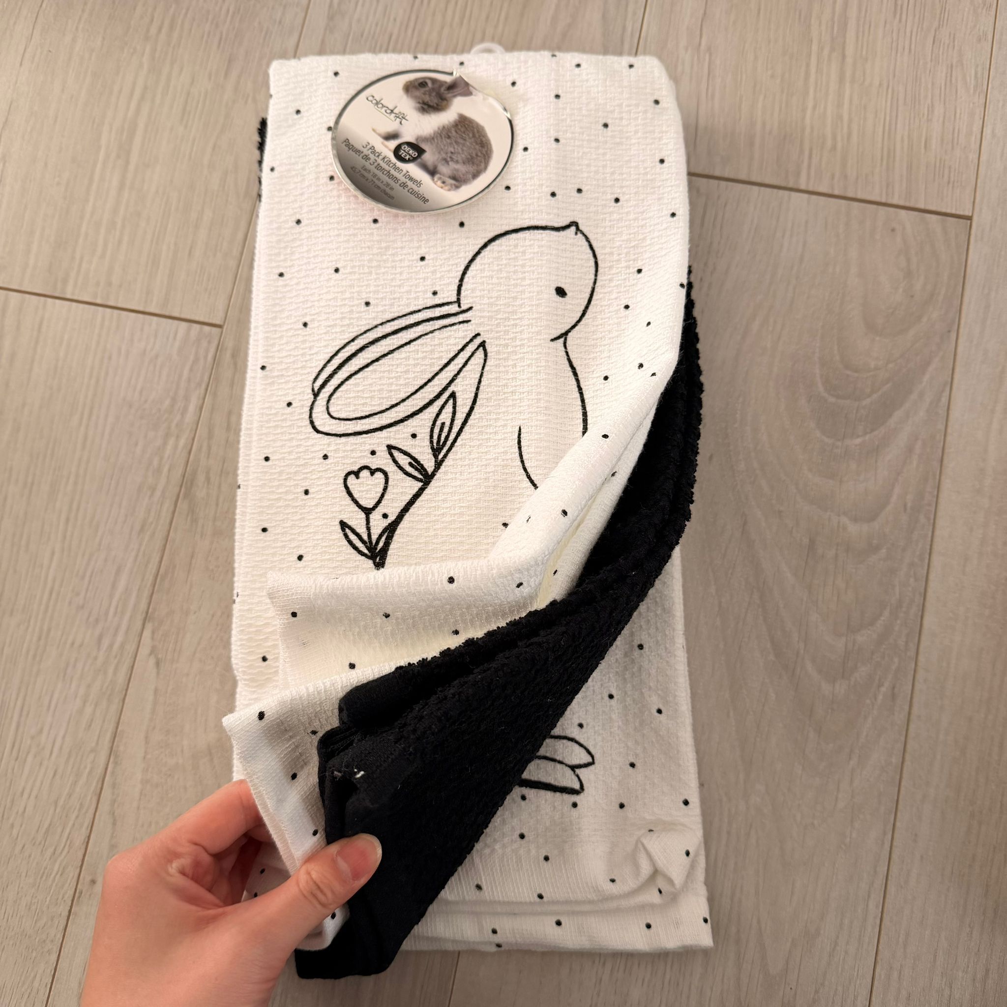 RZ118 黑白色兔仔廚房毛巾 3塊 (圖案x2塊, 黑色x1塊) 18"x28"