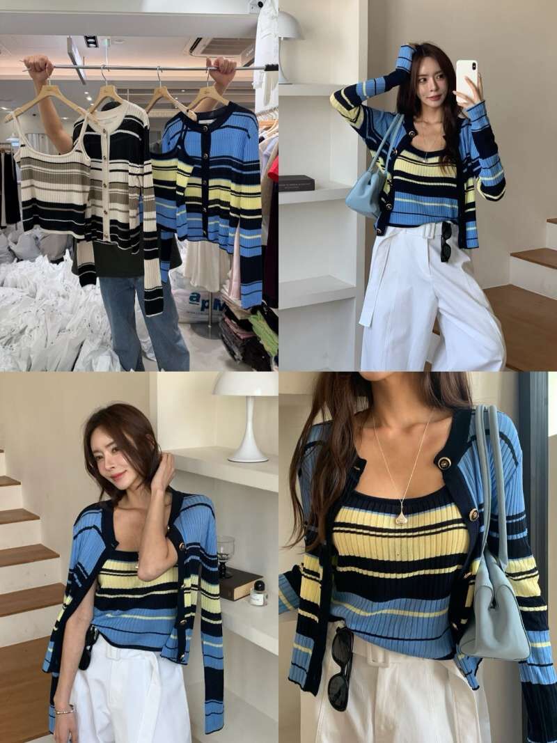 BM6020 混色不規則條紋背心外套套裝