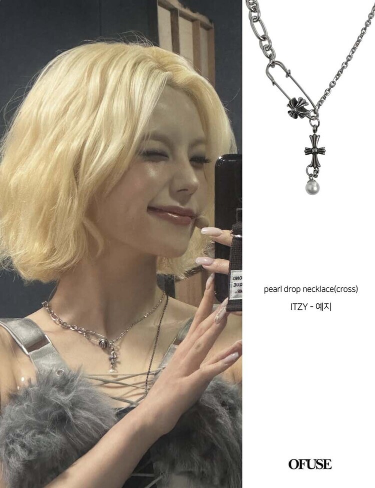 韓國限定🇰🇷 OFUSE pearl drop necklace(cross) 珍珠吊墜 歌德風 十字架 項鏈 項鍊 不鏽鋼材質 ITZY 禮志同款 / 預購