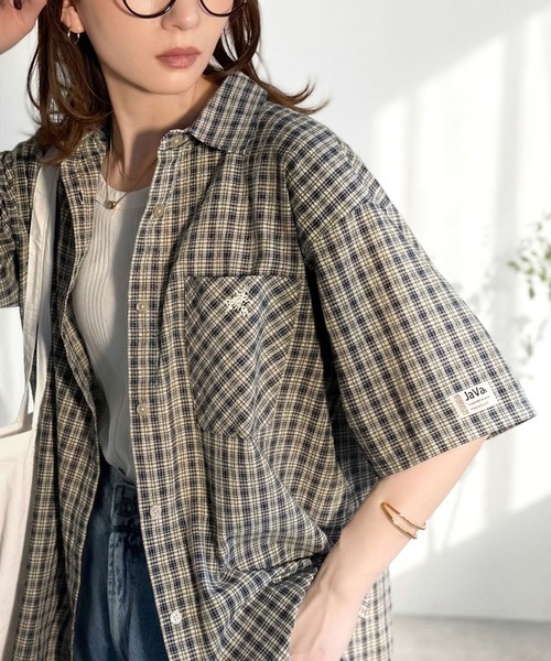 日本🇯🇵連線 JAVA 胸前口袋刺繡格子短袖襯衫 男女可穿 寬鬆 美式 格子 條紋 落肩 短袖 襯衫 4色(任買兩件711免運)/預購